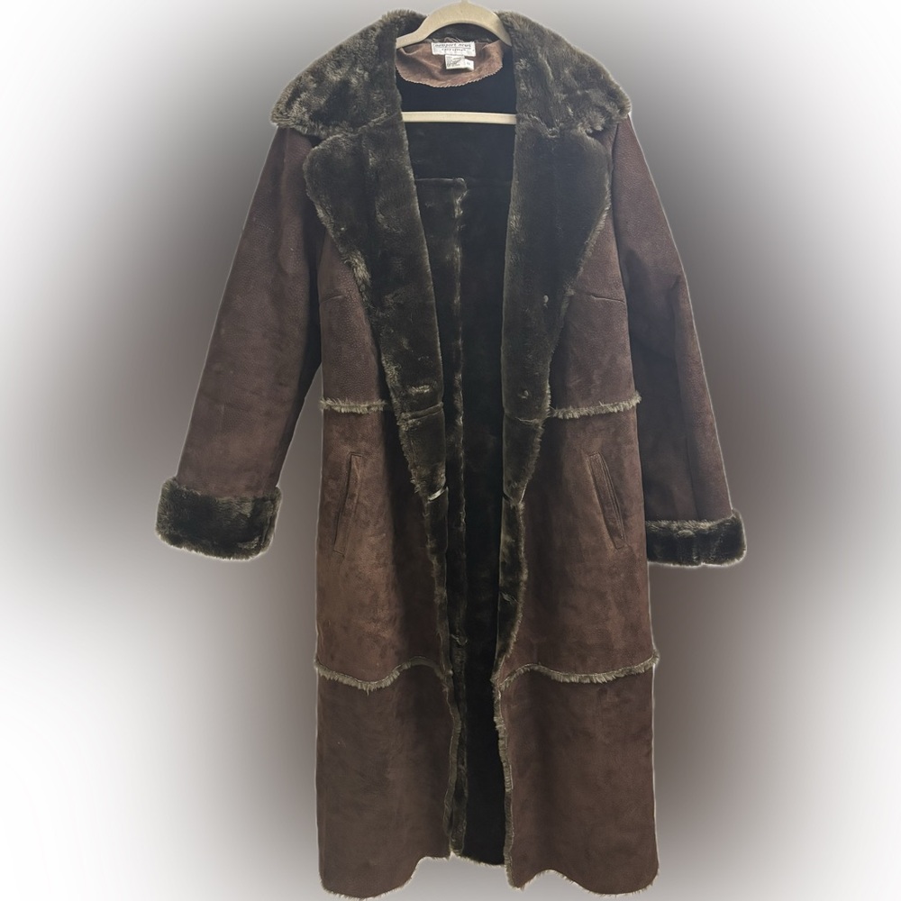 Newport News Brown Leather Maxi Coat Faux Fur Lined.